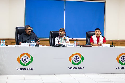 AIFF Deputy Secretary General M Satyanarayan (L), President Kalyan Chaubey (M) Treasurer Kipa Ajay (R) during the ExCo meeting on Thursday