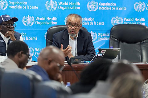In this photo released by the World Health Organization (WHO), Tedros Adhanom Ghebreyesus, WHO Director General, speaks during a meeting with partners in Kinshasa, Congo, Wednesday, Aug 5, 2026.