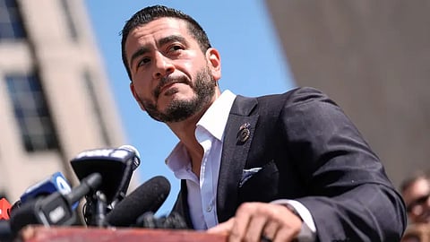 Abdul El-Sayed speaks during a news conference at the Spirit of Detroit shortly after winning the Democratic nomination for U.S. Senate in Michigan, Wednesday, Aug. 5, 2026, in Detroit.