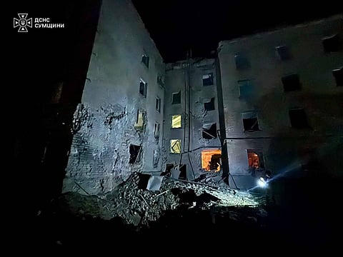 In this photo provided by the Ukrainian Emergency Service, a residential building is damaged following a Russian air attack in Sumy, Ukraine, Thursday, Aug. 6, 2026. 