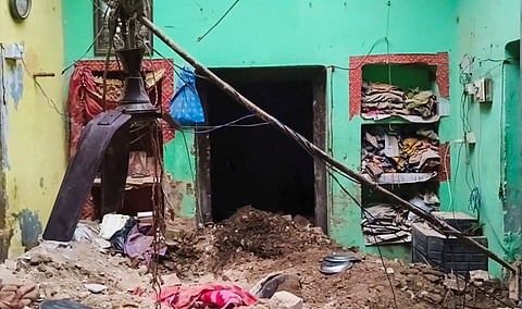 Debris lies scattered after a portion of a dilapidated house collapsed, killing six people, in Mahuli village of Pratapgarh district, Uttar Pradesh, Thursday, Aug. 6, 2026.