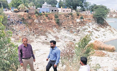 North City Corporation Commissioner Pommala Sunil Kumar inspects the Marenahalli debris disposal site on Thursday.