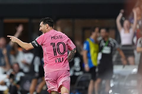Inter Miami forward Lionel Messi (10) celebrates after scoring his side's third goal during the first half of a Leagues Cup soccer match against Atletico de San Luis, Wednesday, Aug 5, 2026 in Miami.