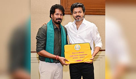 Tamil Nadu Chief Minister Joseph Vijay along with state Agriculture Minister Vinoth Ravi ahead of presenting their maiden Agriculture Budget in the state Legislative Assembly, in Chennai, Thursday, Aug. 6, 2026.