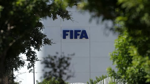 The FIFA logo is seen at its Africa regional office in Sale on August 5, 2026.
