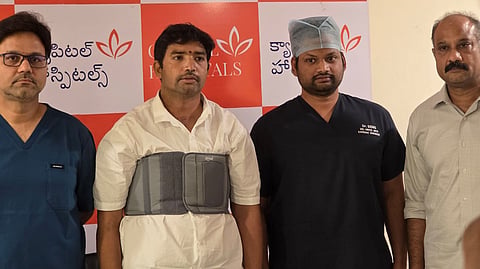 
The patient, T Srinivas of Tenali (C) with the cardiac team at Capital Hospitals, Poranki.