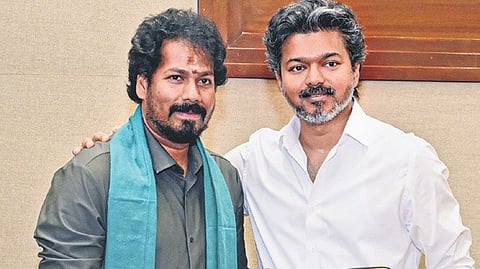 Agriculture Minister R Vinoth with Chief Minister C Joseph Vijay on Thursday.