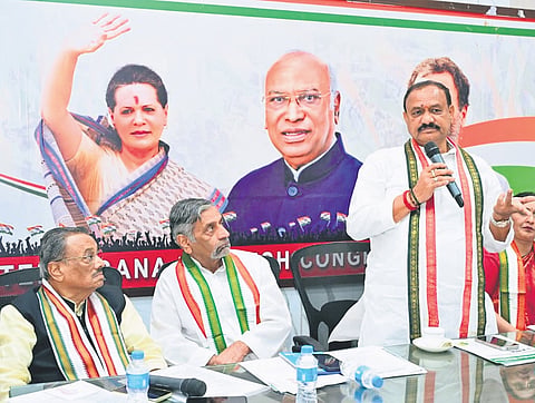 TPCC chief B Mahesh Kumar Goud speaks during a meeting of the TPCC Vichar Vibhag (Intellectual Cell) meeting at Gandhi Bhavan in Hyderabad on Thursday, July 6, 2026.