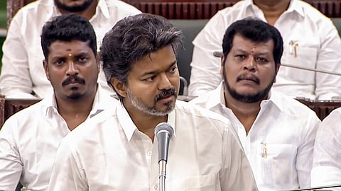 Tamil Nadu Chief Minister C Joseph Vijay speaks during the state Legislative Assembly session, in Chennai, Tamil Nadu. 
