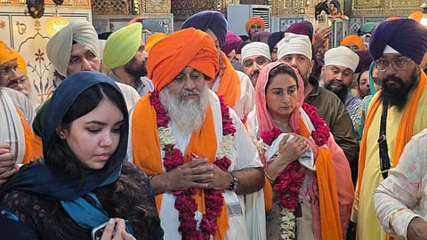 Shiromani Akali Dal chief and former Punjab deputy chief minister Sukhbir Singh Badal with wife and party leader Harsimrat Kaur Badal and others offer prayers during a visit to the Gurudwara Takhat Sachkhand Sri Hazur Sahib, in Nanded, Maharashtra.