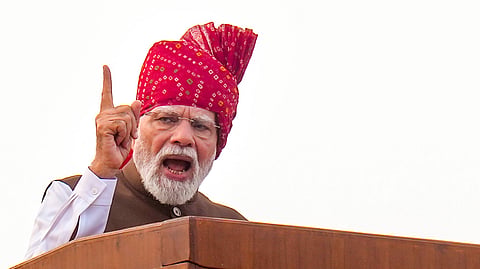 Prime Minister Narendra Modi addresses the nation during the 8oth Independence Day celebrations, at Red Fort in New Delhi, Saturday, Aug. 15, 2026.