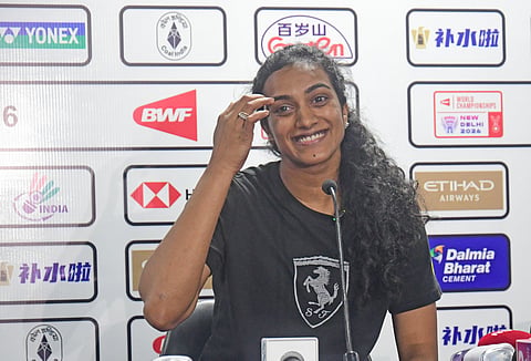 PV Sindhu addresses the media in New Delhi on Sunday