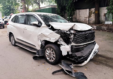 Wreckage of a car is seen after a collision with another car near the PWD office at ITO, in New Delhi, Monday, Aug. 24, 2026