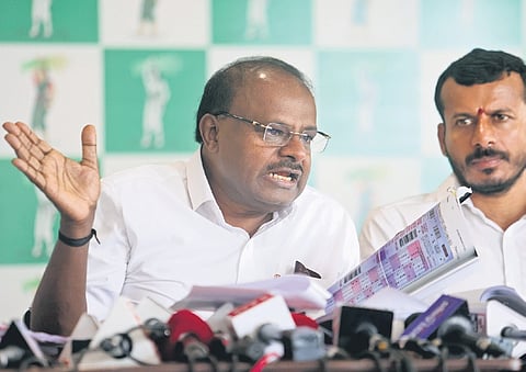 Union Minister HD Kumaraswamy addresses the media on the alleged irregularities
in the KPSC recruitment process in Bengaluru on Friday.