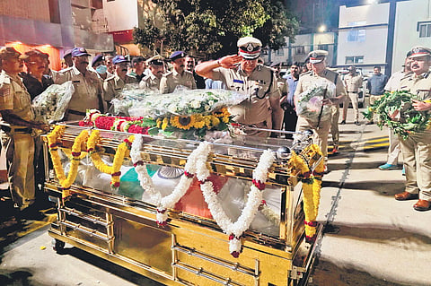 The body of the deceased Police Inspector was received at HAL Airport