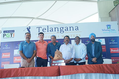 CEO of DP World PGTI Amandeep Johl (L), president of DP World PGTI Kapil Dev  (centre), Telangana Tourism Minister Jupally Krishna Rao (3rd R) during the trophy unveiling ceremony of the 12th Telangana Golconda Masters on Saturday