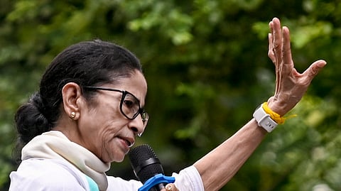 TMC supremo Mamata Banerjee addresses the gathering during the foundation day of the Trinamool Chhatra Parishad (TMCP), in Kolkata, West Bengal, Friday, Aug. 28, 2026. 