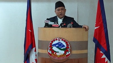 Nepal’s Foreign Minister Shisir Khanal addressing a press briefing at Singhdurbar.