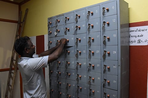 Locker facility installed at Vekkali Amman temple in Woraiyur for devotees to deposit their phones before entering the temple 