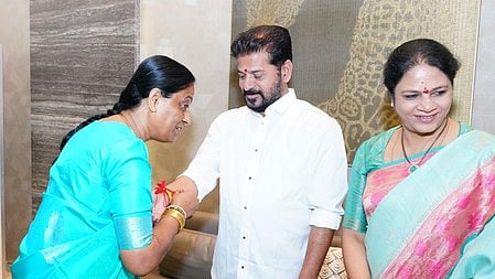 Ministers Konda Surekha tied a rakhi to Chief Minister Revanth Reddy on the occasion of Rakhi festival.