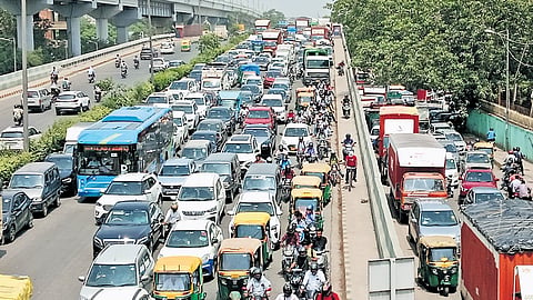 A traffic snarl in front of the Okhla NSIC metro station on Friday.