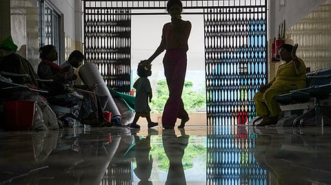 Flood victims at a relief camp set up at an ayurvedic hospital following devastating flash floods, in Kathmandu, Nepal, Saturday, Aug. 29, 2026.