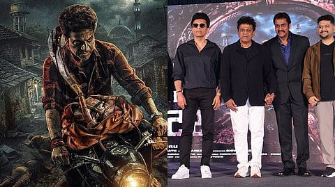 A poster for Original Monster (L) and Shivarajkumar with the team of the film (R)