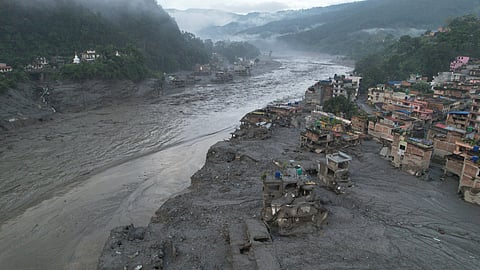 A drone view of the aftermath of flash flooding along the Trishuli river amidst fresh water surge warning in the Trishuli Bazaar area of Nuwakot district, Nepal, Sunday, Aug. 30, 2026.