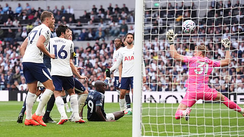 Newcastle United's Yoane Wissa scores their side's second goal during the British Premier League soccer match between Newcastle United and Tottenham Hotspur, in London, Saturday Aug. 29, 2026.
