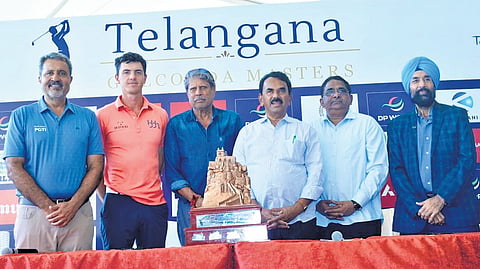 Tourism Minister Jupally Krishna Rao and PGTI president Kapil Dev, along with others, unveil the trophy for the 12th edition of the Telangana Golconda Masters, 
at the Hyderabad Golf Association on Saturday.