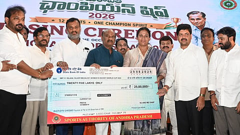 AP Assembly Speaker Ayyanna Patrudu presented a cheque for `25 lakh toward incentive to former Indian hockey player and an Olympian E Rajini.
