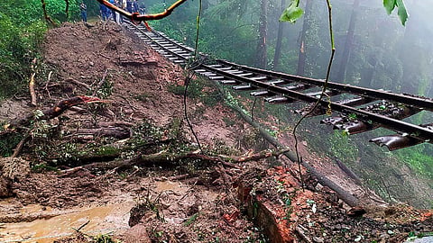 A bridge between Gumman and Taksal railway stations washed away due to heavy rainfall Saturday (29 August 2026) night, leaving the track hanging in the air. 