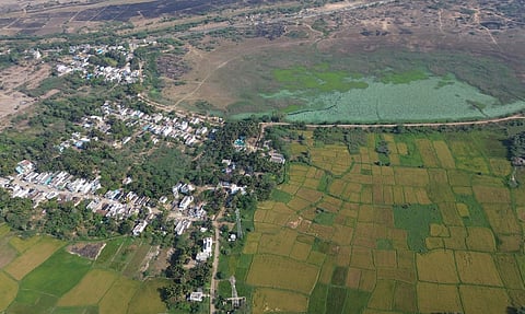 Aerial view of the villages and agricultural landscape included in the proposed Parandur greenfield airport project in Kancheepuram district.  