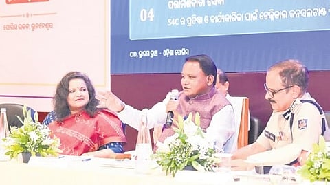 Chief Minister Mohan Charan Majhi addressing the top cops at the DGP and IGP conference at Lok Seva Bhawan, in Bhubaneswar on Saturday.