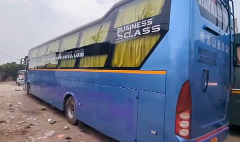 The suspected sleeper bus after a 16-year-old Class 11 student was allegedly gang-raped inside it, in Delhi's Kashmere Gate area, Monday, Aug. 31, 2026