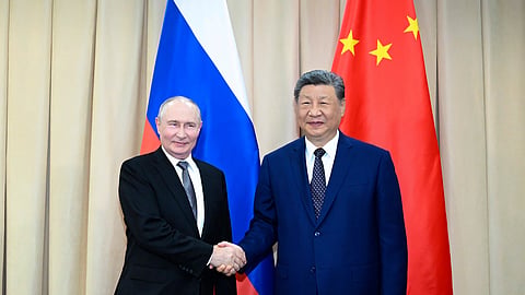 In this photo released by Xinhua News Agency, Chinese President Xi Jinping, right, meets with Russian President Vladimir Putin on the sidelines of the Shanghai Cooperation Organization Summit 2026 in Bishkek, Kyrgyzstan, Monday, Aug. 31, 2026. 