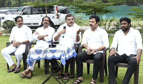 Leader of the Opposition in the Legislative Council, Botcha Satyanarayana addressing a press conference in Visakhapatnam on Sunday.