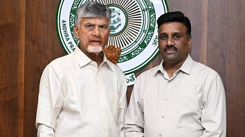 TDP’s newly appointed Punganur in-charge Madhusudhan Naidu with CM Chandrababu Naidu on Sunday.