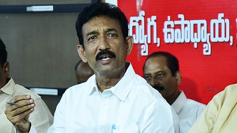 AP JAC Chairman Vidya Sagar addressing the media in Vijayawada. 