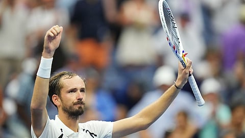 Daniil Medvedev, of Russia, celebrates after he defeated Hugo Gaston, of France, during the first round of the U.S. Open tennis championships Sunday, Aug. 30, 2026, in New York. 