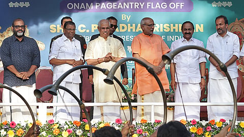 Speaker Thiruvanchoor Radhakrishnan, Governor Rajendra Arlerkar, Vice-President C P Radhakrishnan, Chief Minister V D Satheesan and Minister P C Vishnunath at the valedictory ceremony of the Onam pageantry in Thiruvananthapuram 