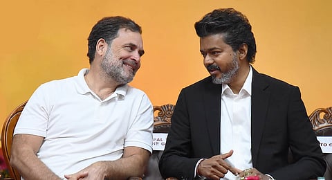 Congress leader Rahul Gandhi with TVK chief and Tamil Nadu Chief Minister C Joseph Vijay.