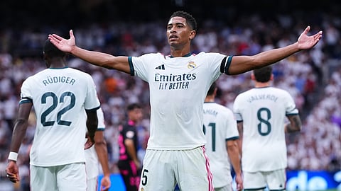 Real Madrid's Jude Bellingham celebrates after Malaga's own goal during the La Liga soccer match between Real Madrid and Malaga in Madrid, Spain, Sunday, Aug. 30, 2026.