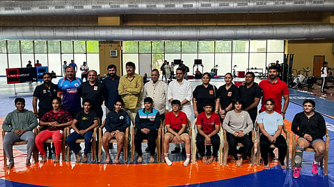 Selected women wrestlers after the trials at the IG Stadium, New Delhi on Monday