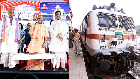 Uttar Pradesh Chief Minister Yogi Adityanath during the virtual inauguration by Union Railways Minister Ashwini Vaishnaw of the Nepalganj Road-Nanpara-Bahraich rail section in Bahraich on Monday.