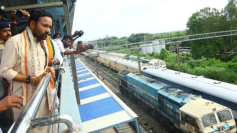 Union Minister G Kishan Reddy inspects the ongoing development works at the Vikarabad Railway Station on Sunday.
