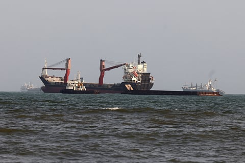 Vessels are seen in the Strait of Hormuz, off the port city of Bandar Abbas in southern Iran on August 10, 2026.