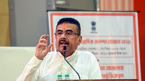 West Bengal Chief Minister Suvendu Adhikari speaks during the launch of a monthly pension of Rs 5,000 to retired journalists under the West Bengal government’s journalist pension scheme at Nabanna, in Howrah, on Tuesday.