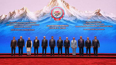 From left, Shanghai Cooperation Organization (SCO) Secretary-General Nurlan Yermekbayev, Belarusian President Alexander Lukashenko, Indian Prime Minister Narendra Modi, Iranian President Masoud Pezeshkian, Kazakh President Kassym-Jomart Tokayev, Chinese President Xi Jinping, Kyrgyz President Sadyr Japarov, Russian President Vladimir Putin, Pakistani Prime Minister Shehbaz Sharif, Tajik President Emomali Rahmon, Uzbek President Shavkat Mirziyoyev and Director of the Executive Committee of the SCO Regional Anti-Terrorist Structure Ularbek Sharsheev pose for a family photo before a session of the SCO summit in Bishkek, Kyrgyzstan Tuesday, Sept. 1, 2026.