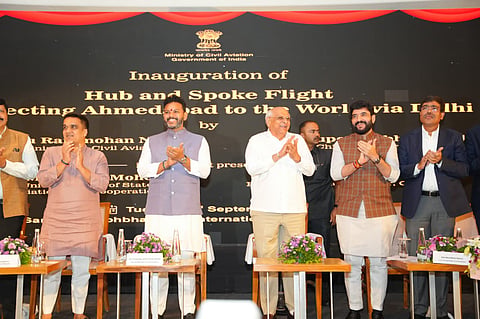 Union Civil Aviation Minister Ram Manohar Naidu, Gujarat Chief Minister Bhupendra Patel, Deputy CM Harsh Sanghavi and Minister of State for Civil Aviation Murlidhar Mohol at the H&S International flight operation at Ahmedabad. 
